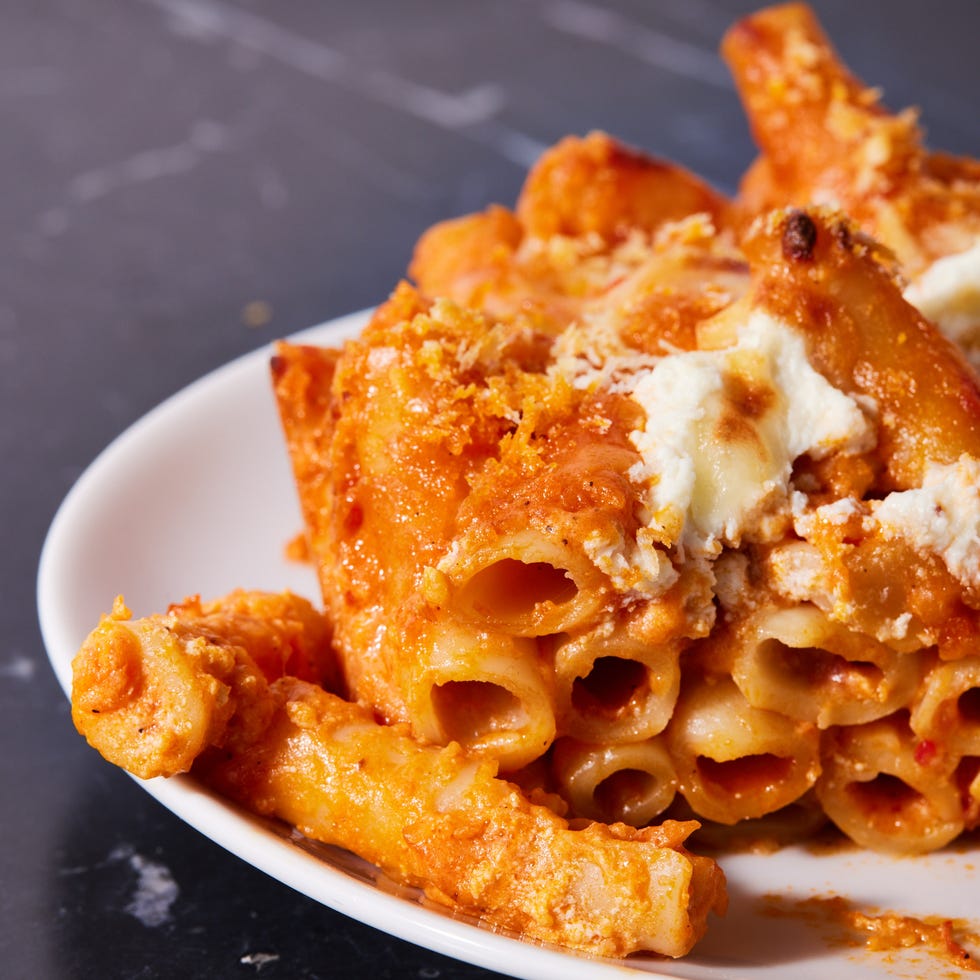 marinara and cheese sauce pasta baked in a casserole dish