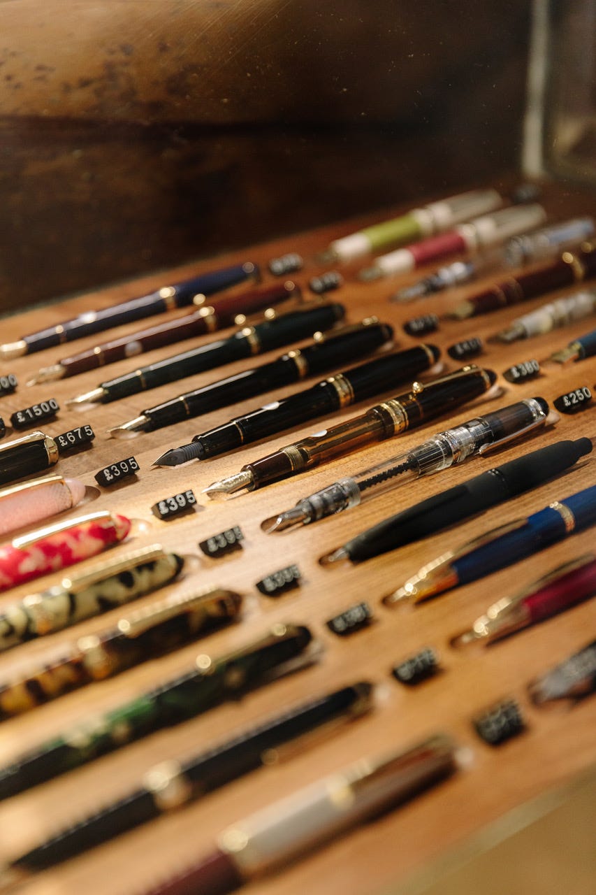 rows of fountain pens