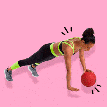 Exercise equipment, Press up, Pink, Ball, Arm, Physical fitness, Leg, Joint, Weights, Knee, 