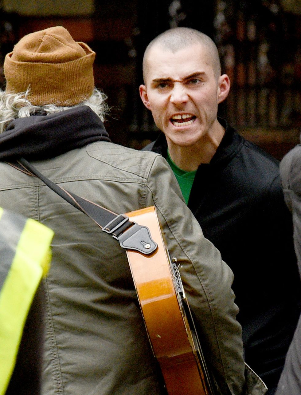 corey gets angry with a busker, coronation street filming