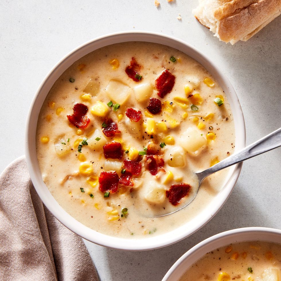 corn chowder topped with bacon and chives
