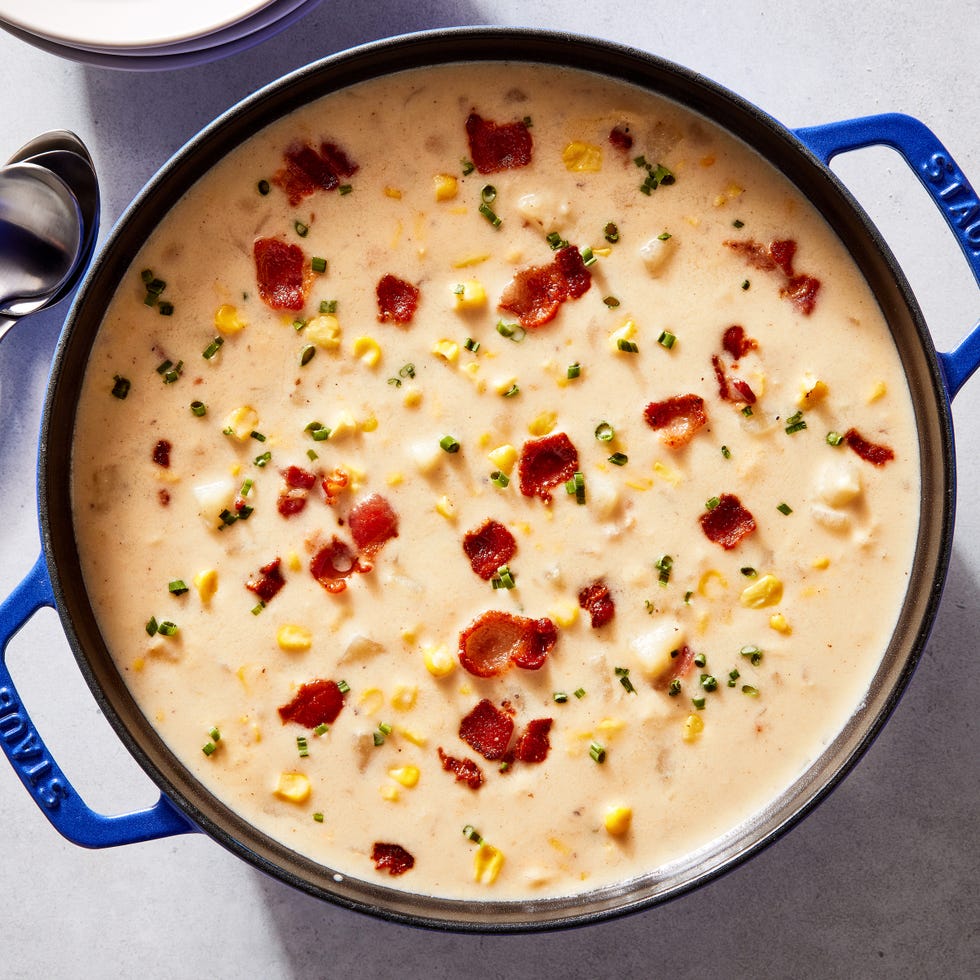 corn chowder topped with bacon and chives