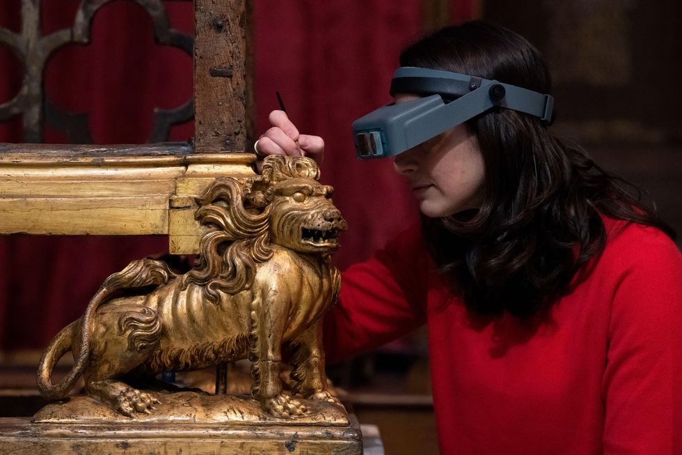 2nx02re conservator krista blessley works on the restoration of a coronation chair, at westminster abbey in london, ahead of the upcoming coronation of king charles iii, which will be held at the abbey on may 6 picture date tuesday february 28, 2023