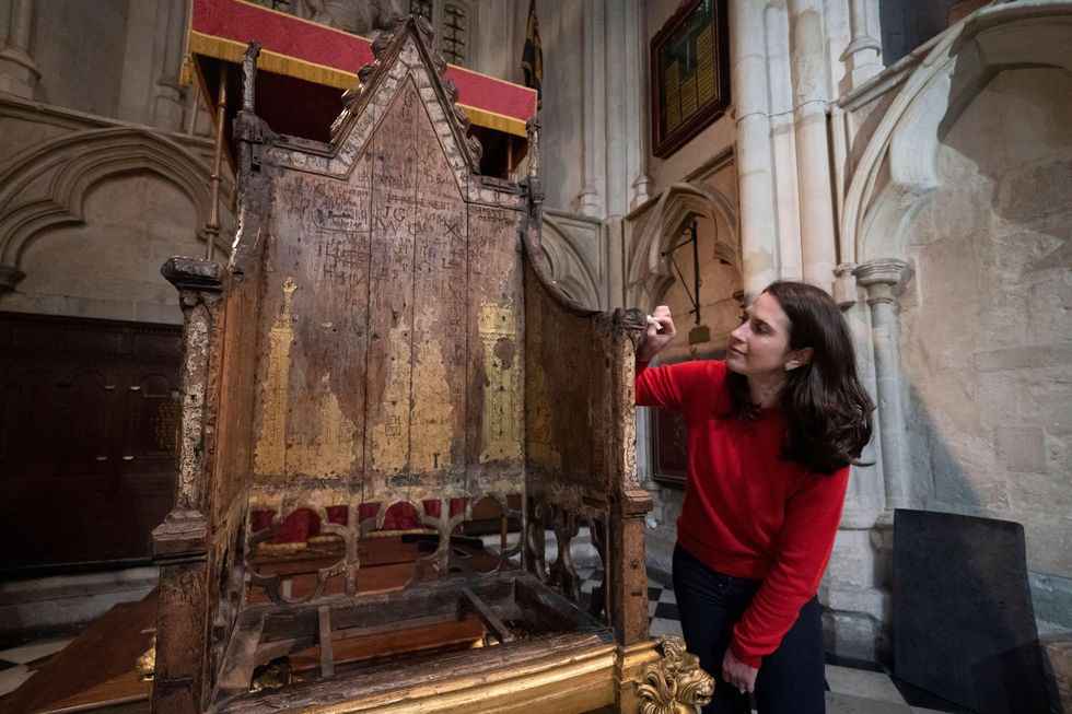 2nx034y conservator krista blessley works on the restoration of a coronation chair, at westminster abbey in london, ahead of the upcoming coronation of king charles iii, which will be held at the abbey on may 6 picture date tuesday february 28, 2023