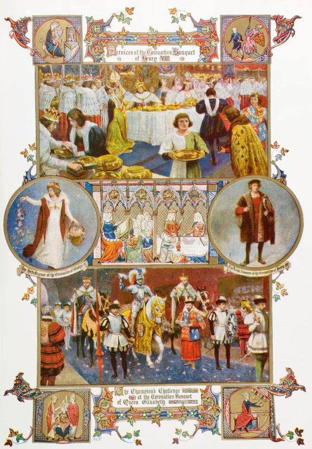 coronation pageantry of the pasaint top, services at the coronation banquet of henry viii, middle left, the herb strewer at the coronation of george iv, middle right, the king's almoner at the coronation of henry viii and bottom, the champion's challenge