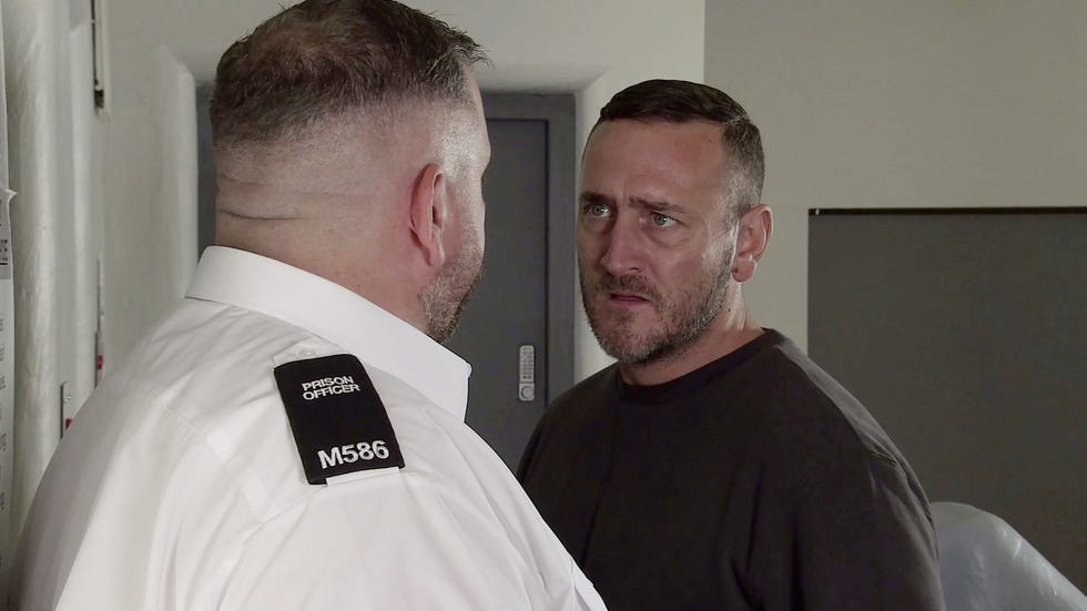 harvey gaskell with a prison guard in coronation street