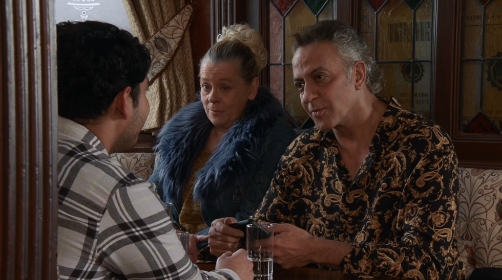 coronation street characters bernie winter with dev alahan and aadi alahan in the rovers