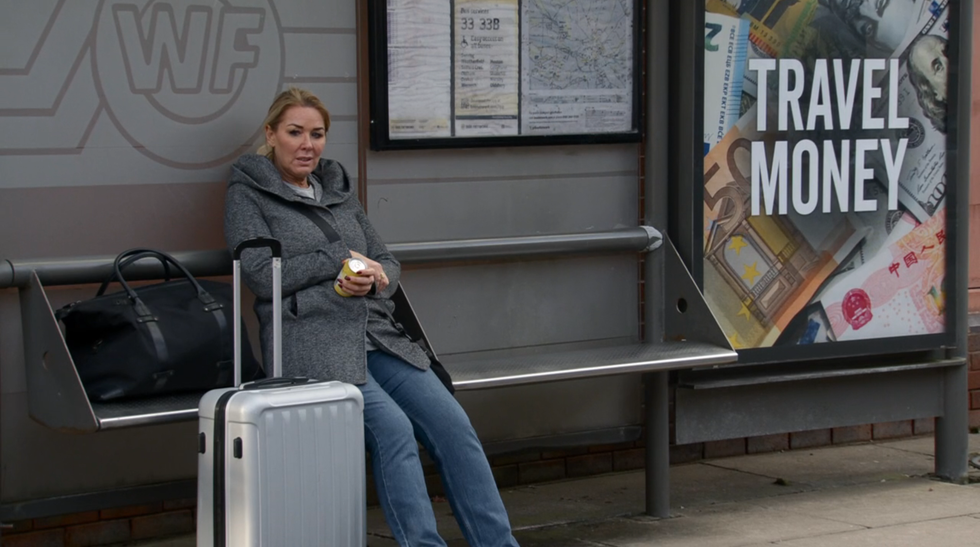 coronation street, cassie plummer sat at a bus stop