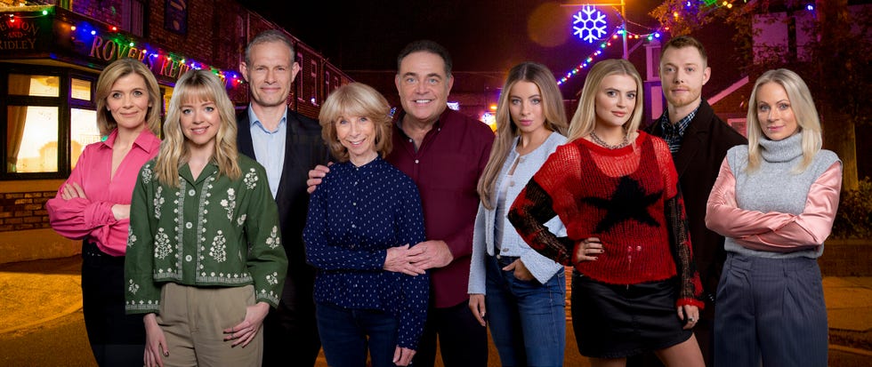 coronation street's official image for christmas 2024 showing leanne, toyah, nick, gail, jesse, daisy, bethany, daniel and lisa