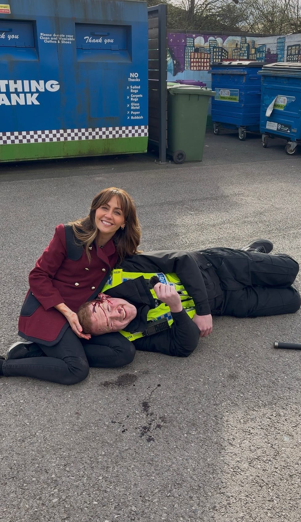 samia longchambon and colson smith filming coronation street