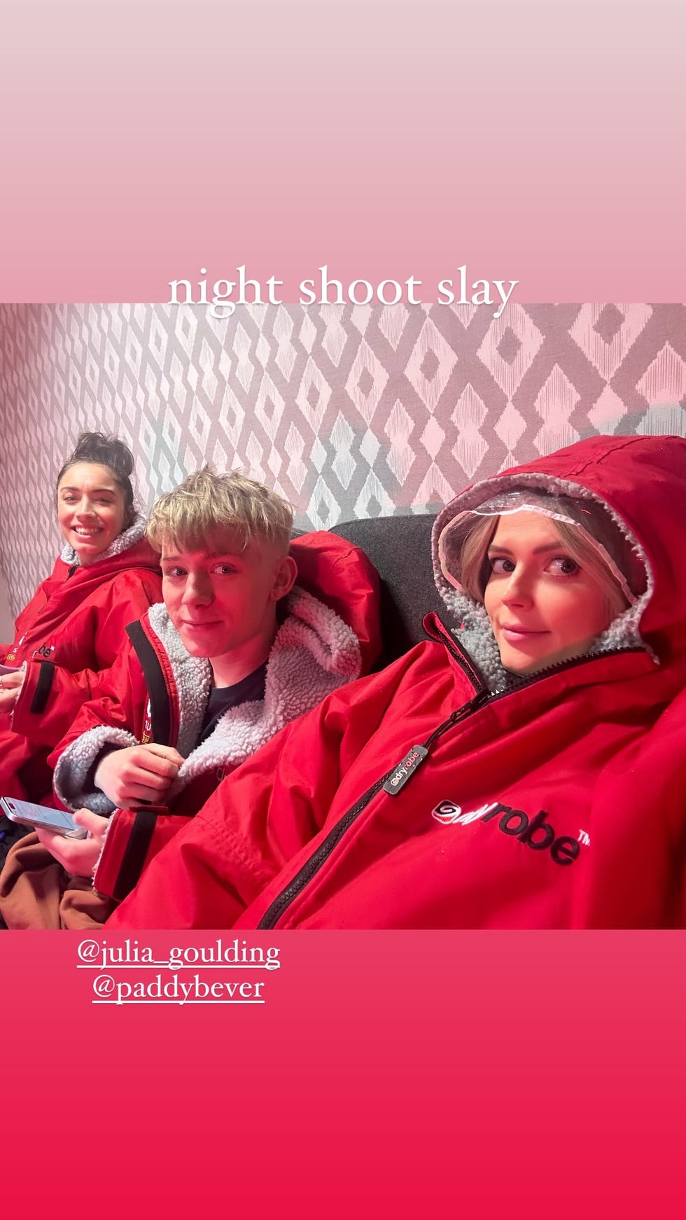 Julia Goulding, Paddy Bever and Lucy Fallon in the film Coronation, street night shooting