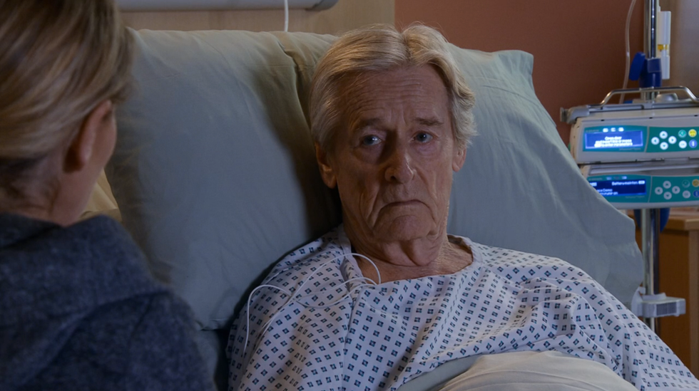 coronation street, cassie plummer talking to ken barlow in a hospital bed