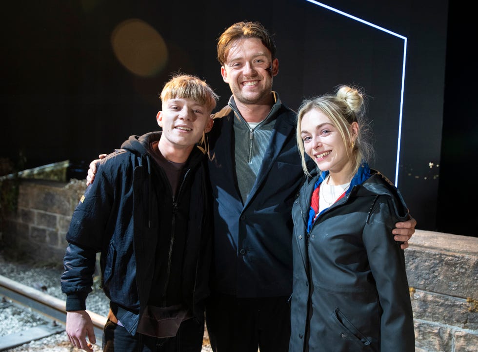 Paddy Bever, Calum Lill and Cait Fitton backstage at Coronation Street