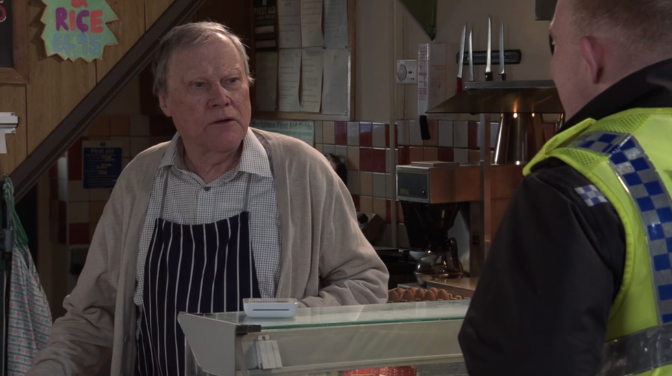 coronation street, roy cropper serving craig tinker in his cafe