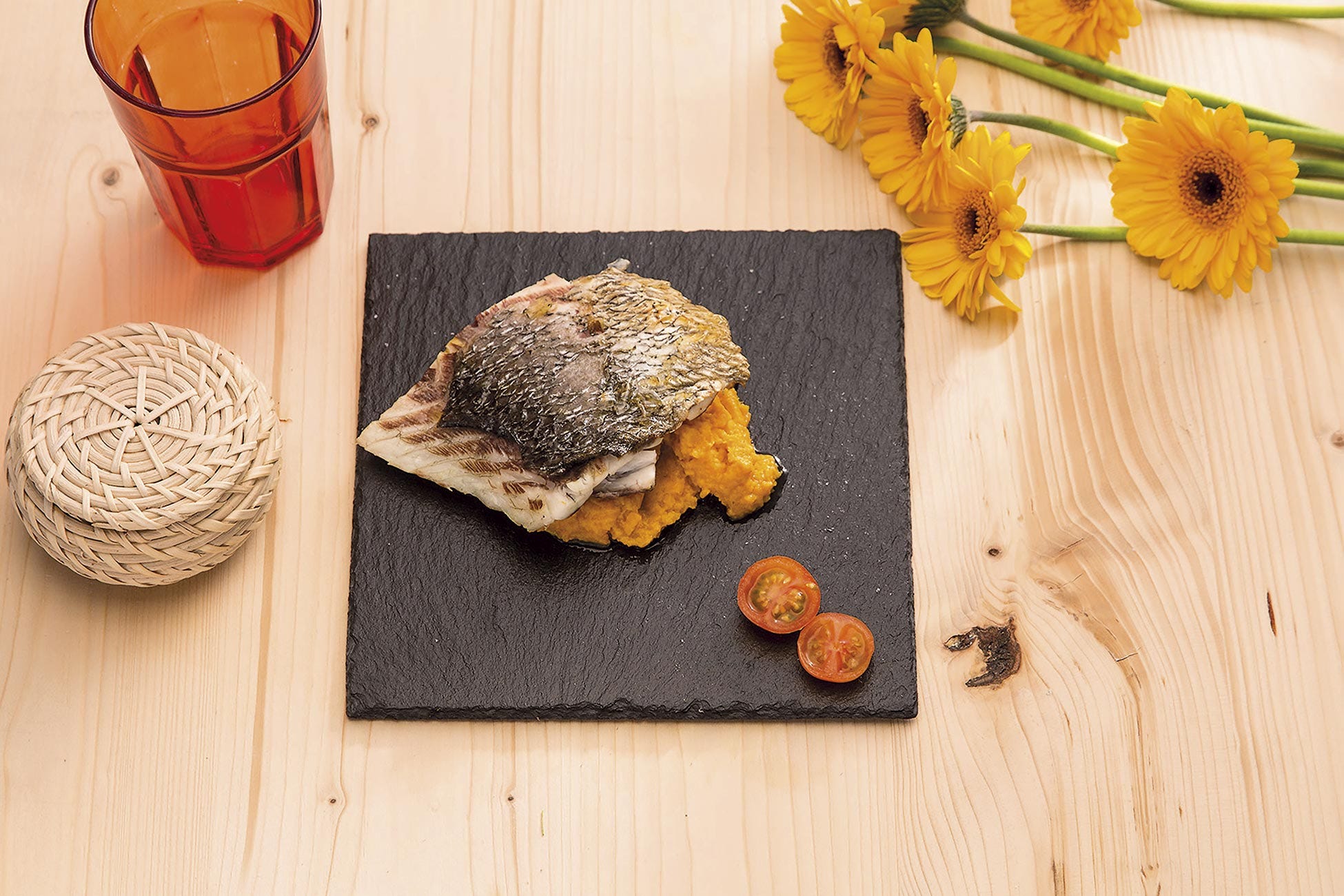 corvina asada con puré de boniato