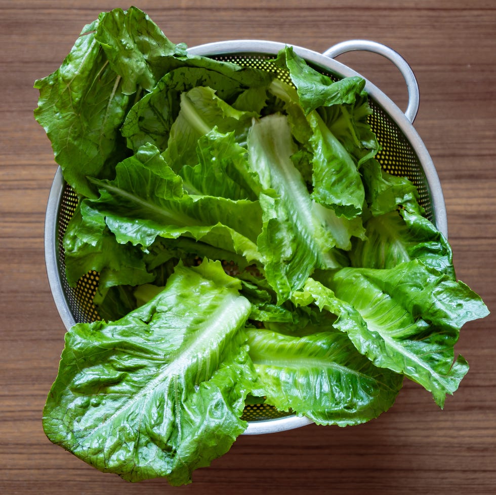 cos lettuce in a colander