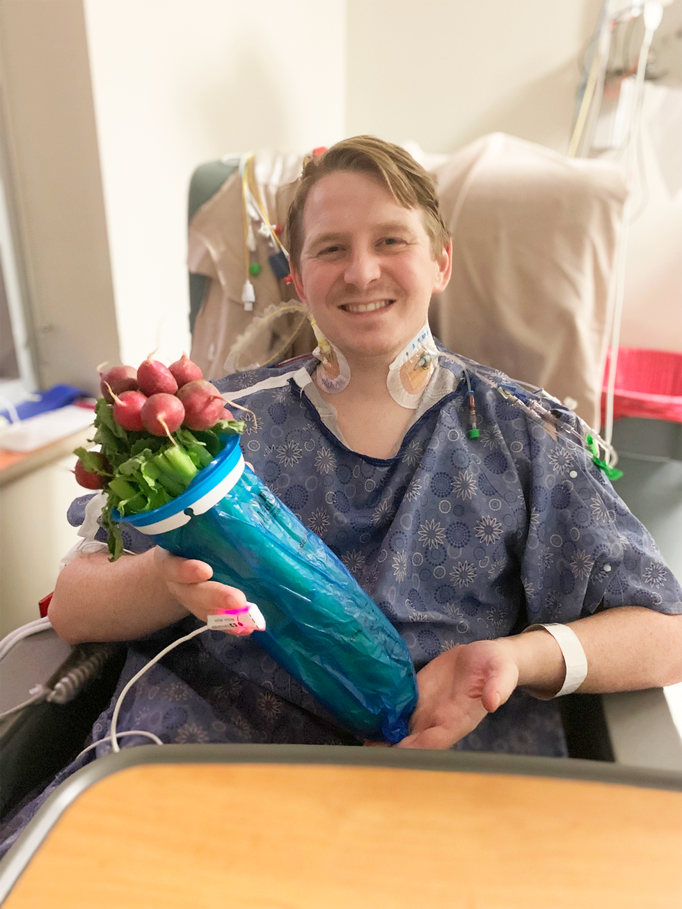 joey, days before his transplant, presenting caroline with a bouquet of radishes for valentine’s day because flowers were barred from the icu