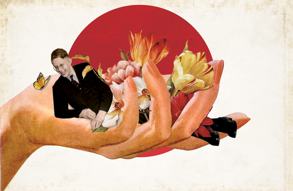 illustration of a giant hand holding a man and flowers