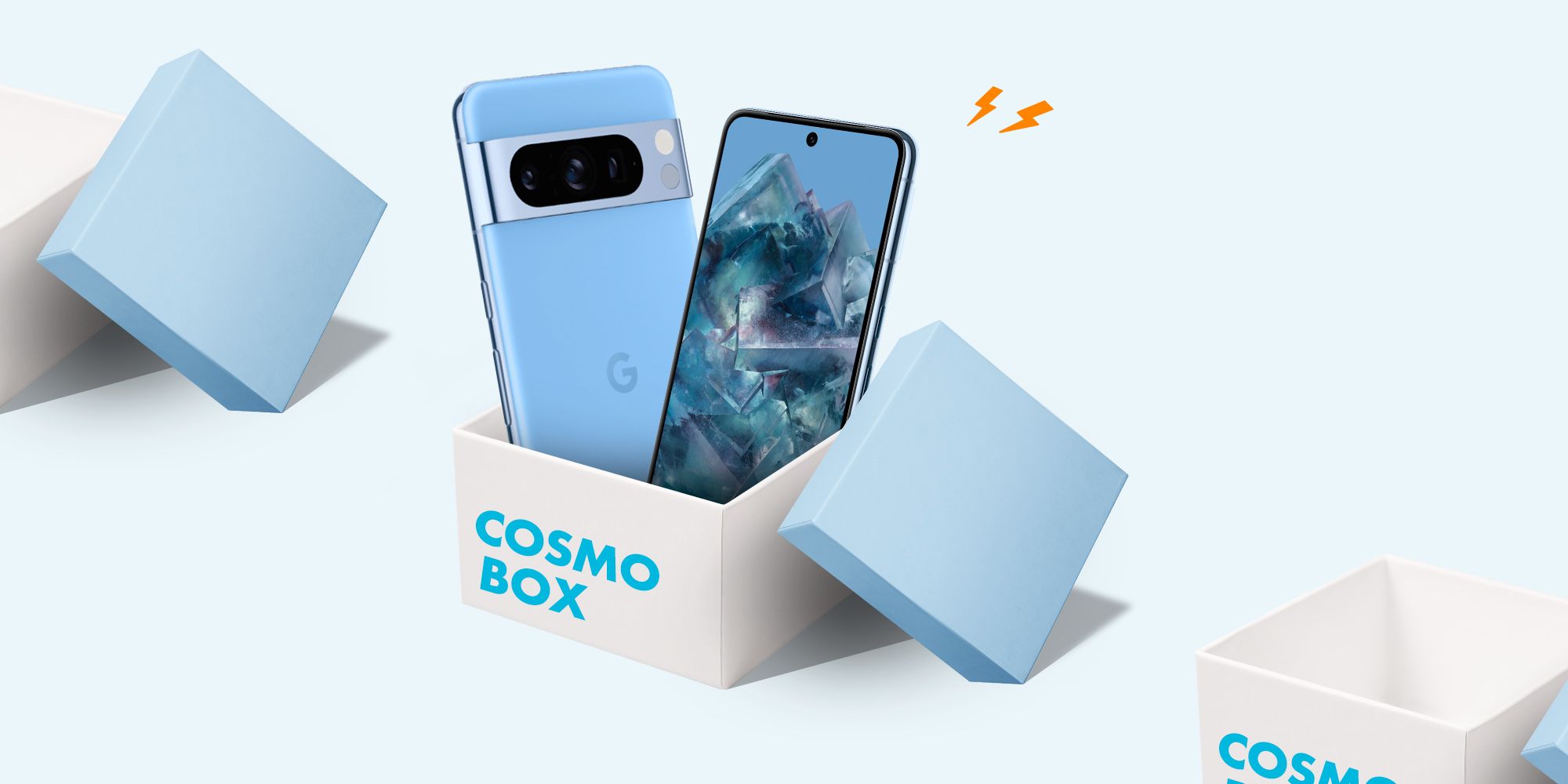 a group of boxes with a phone in the middle