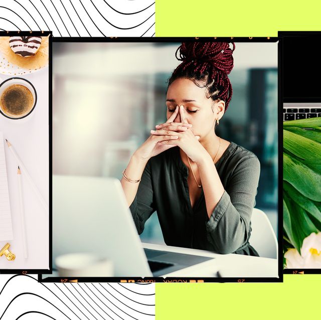 a collage of images including an image of a flat lay to do list, a woman at a laptop looking exasperated, and a laptop with white tulips across the keyboard