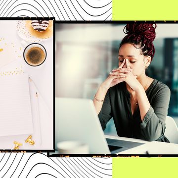 a collage of images including an image of a flat lay to do list, a woman at a laptop looking exasperated, and a laptop with white tulips across the keyboard