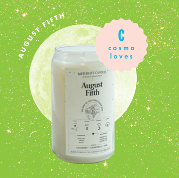 a candle reading "august fifth" over a green background and a full moon, with a pink blurb reading "cosmo loves" in the corner