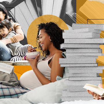 a collage image of women reading books, one who is with two children, one who is pregnant, and one who is not visibly a mother