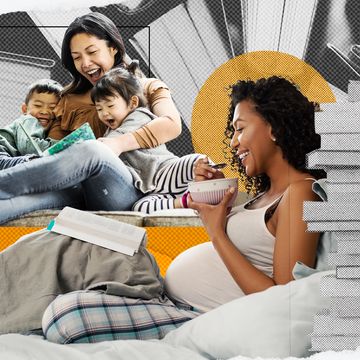 a collage image of women reading books, one who is with two children, one who is pregnant, and one who is not visibly a mother