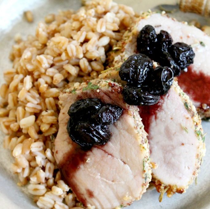 almond crusted pork loin with red wine raisins