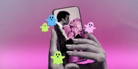 smartphone displaying a closeup of two people engaging with cartoon ghost figures around them