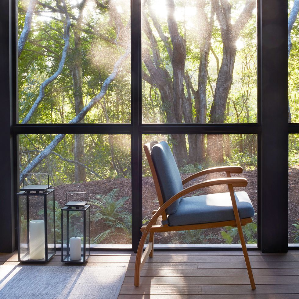 screened in porch in the forest with dappled light