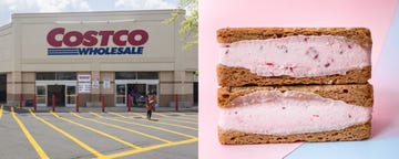 costco storefront and strawberry shortcake ice cream sandwich