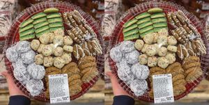 holiday cookie tray from costco with 84 small cookies on it