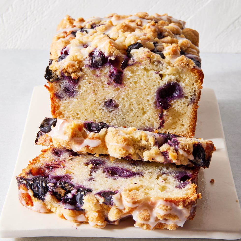 copycat costco lemon blueberry pound cake with a lemon glaze and crumble topping