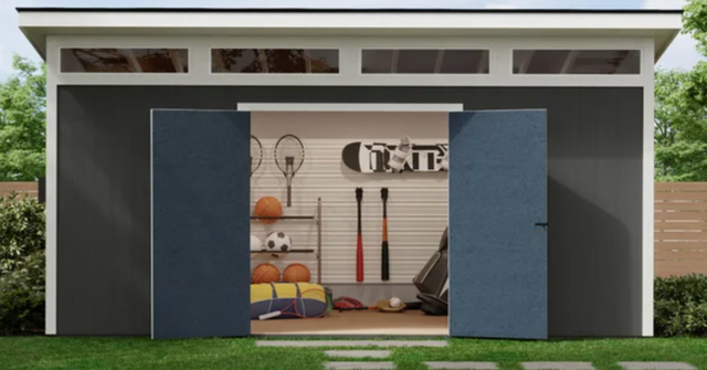 storage shed with open doors revealing sports equipment and gear