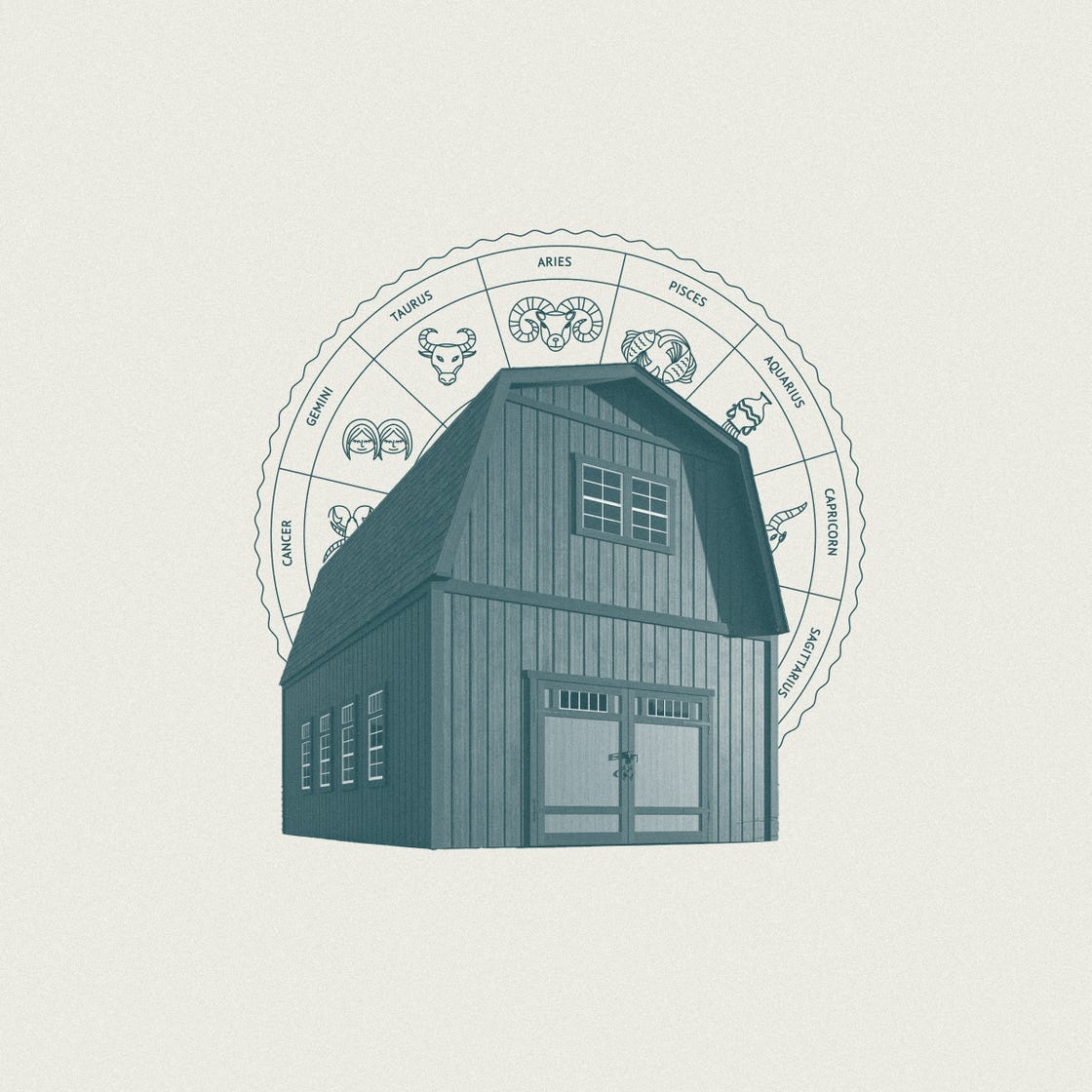 a barn with zodiac signs in a circular arrangement behind it
