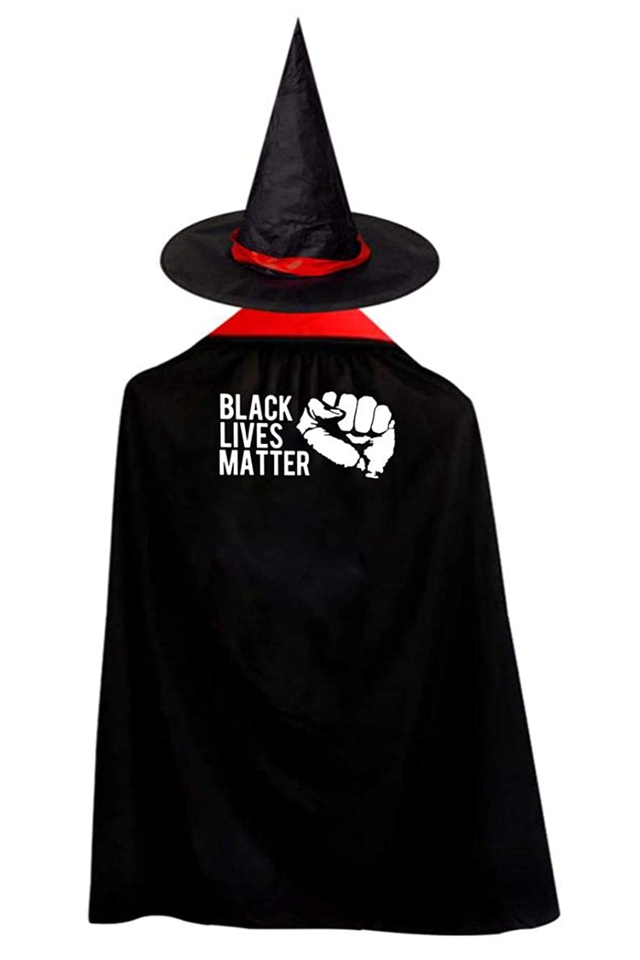 a witches' hat and cape with black lives matter on it
