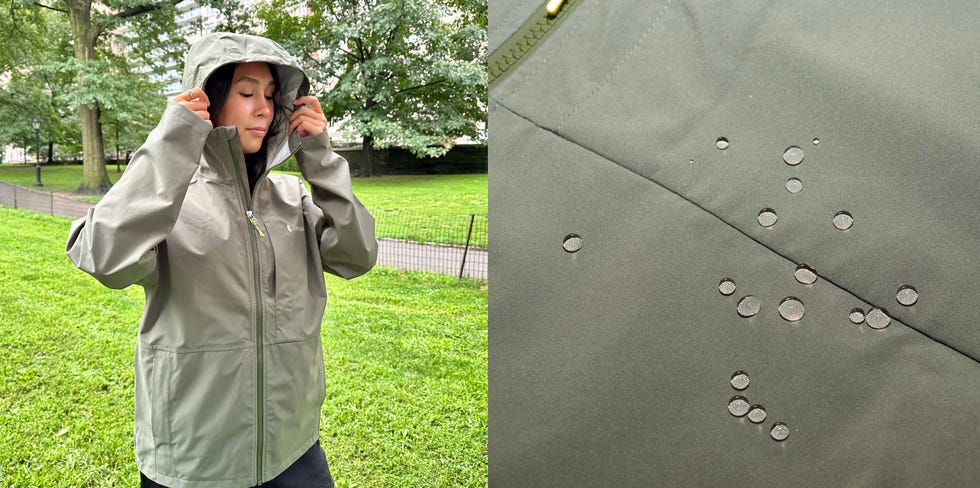 a woman modeling a green rain jacket from cotopaxi and a close up of water droplets on the rain jacket material