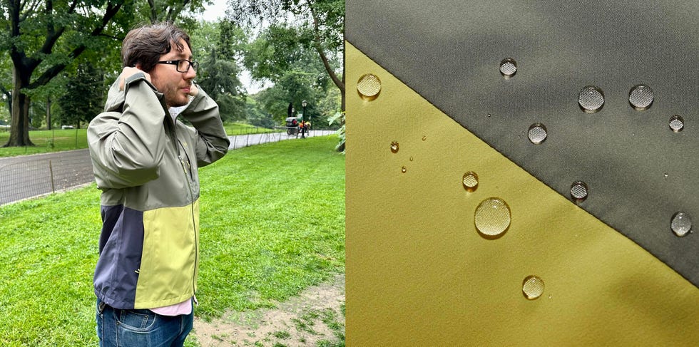 a man modeling a green rain jacket from cotopaxi in an outdoor setting and a close up of water droplets on the jacket's surface