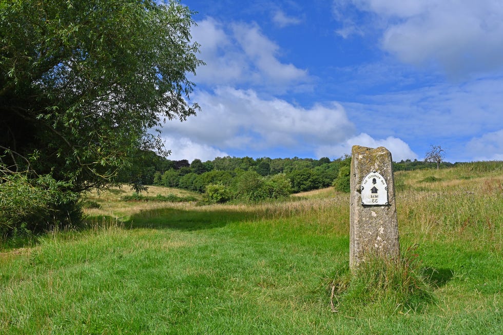 milestone marking distance and direction on a rural path