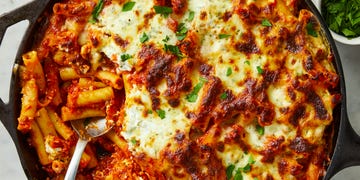 baked ziti with cottage cheese in a skillet