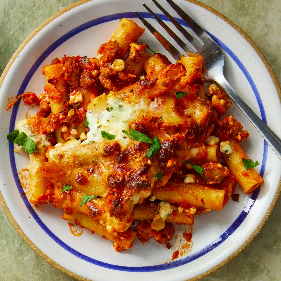 baked ziti with cottage cheese in a skillet