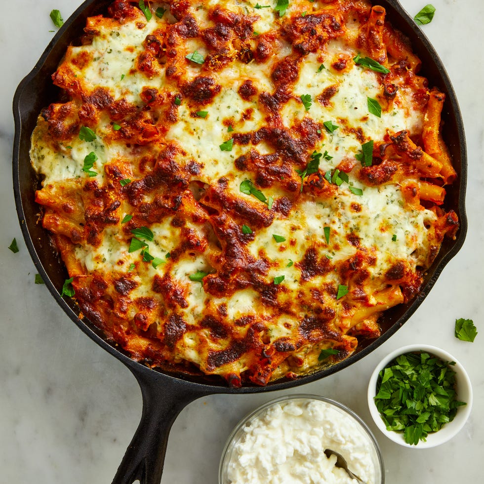 baked ziti with cottage cheese in a skillet