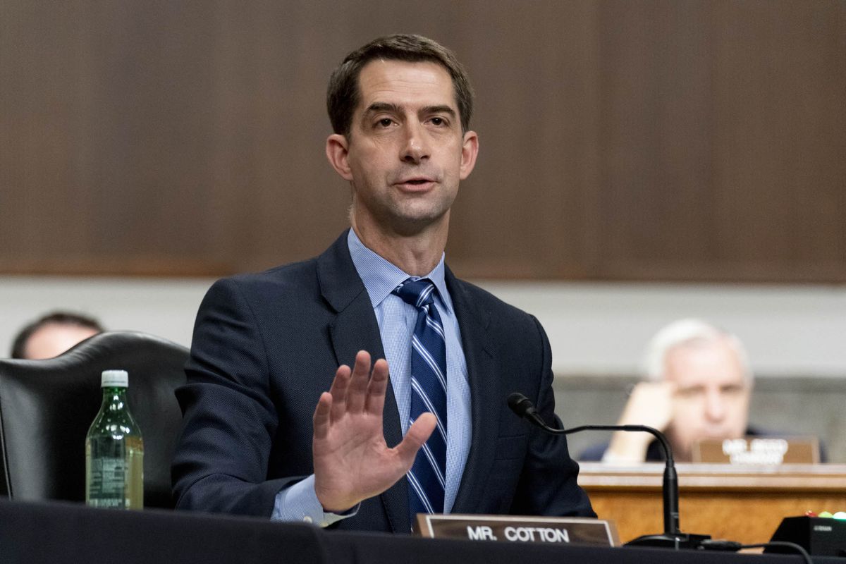 sen tom cotton, r ark, speaks during a hearing to examine united states special operations command and united states cyber command in review of the defense authorization request for fiscal year 2022 and the future years defense program, on capitol hill, thursday, march 25, 2021, in washington ap photoandrew harnik, pool