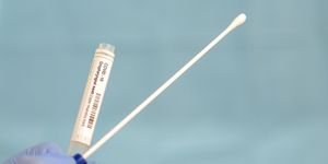 cotton swab and test tube for coronavirus test covid 19, macro image of medical equipment in hands of healthcare professional