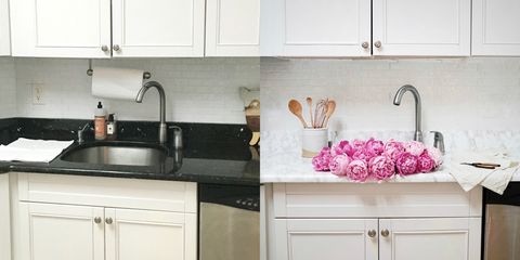 Countertop, Kitchen, Sink, Room, Kitchen sink, Cabinetry, Property, Pink, Furniture, Tile, 