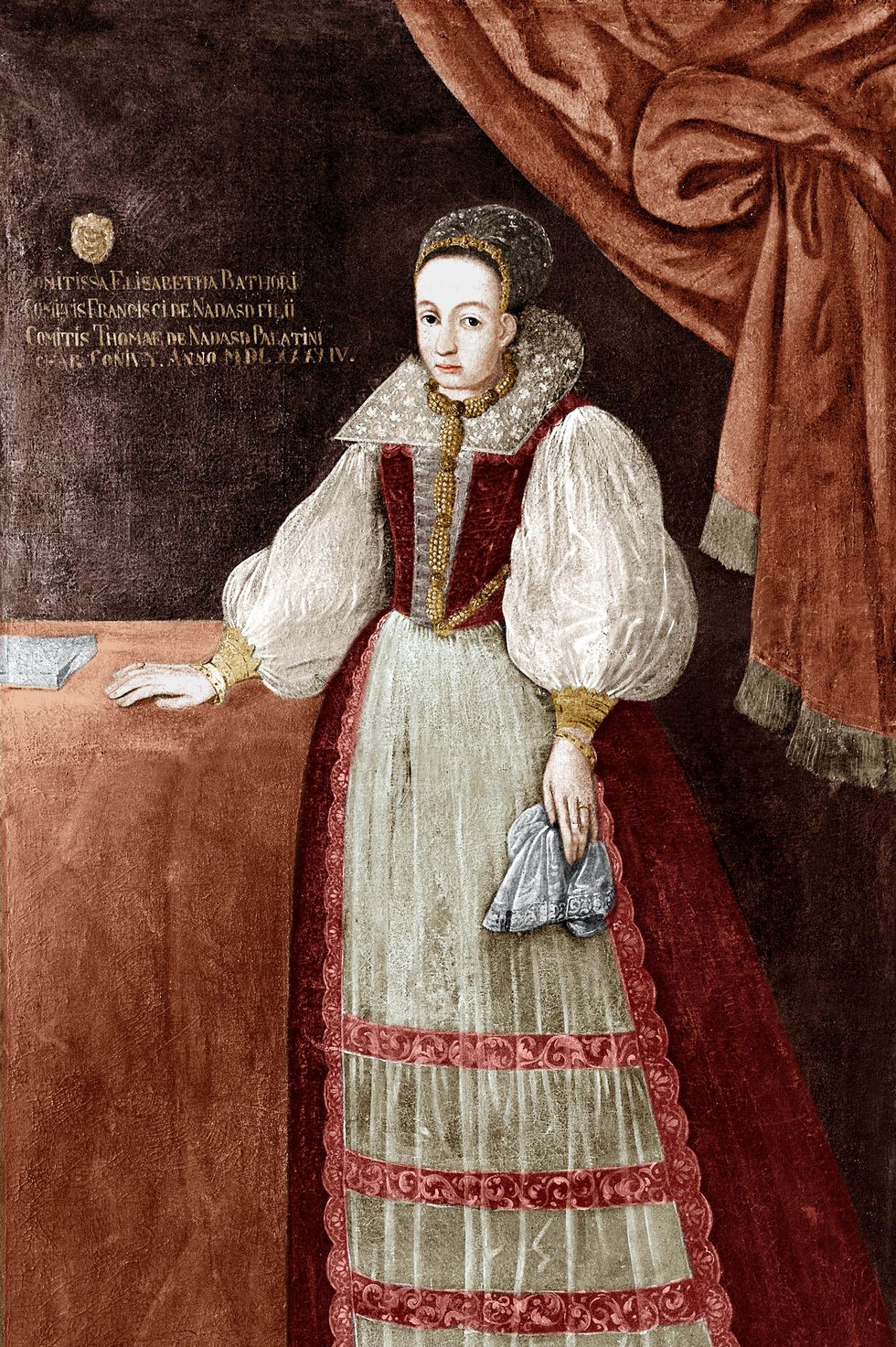 a painting depicting countess elizabeth bathory standing and holding a handkerchief