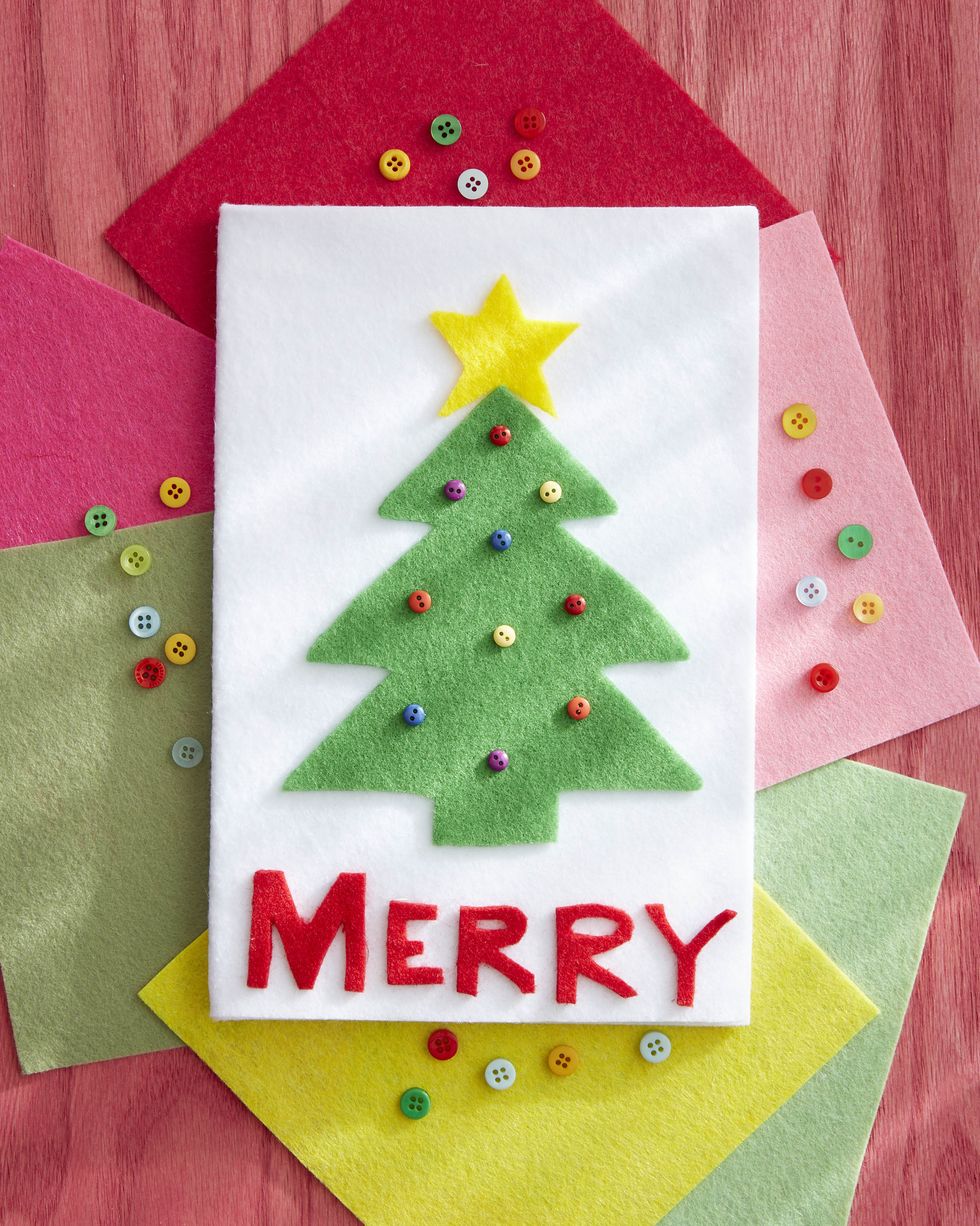 diy christmas card made from felt with a christmas tree and button ornaments