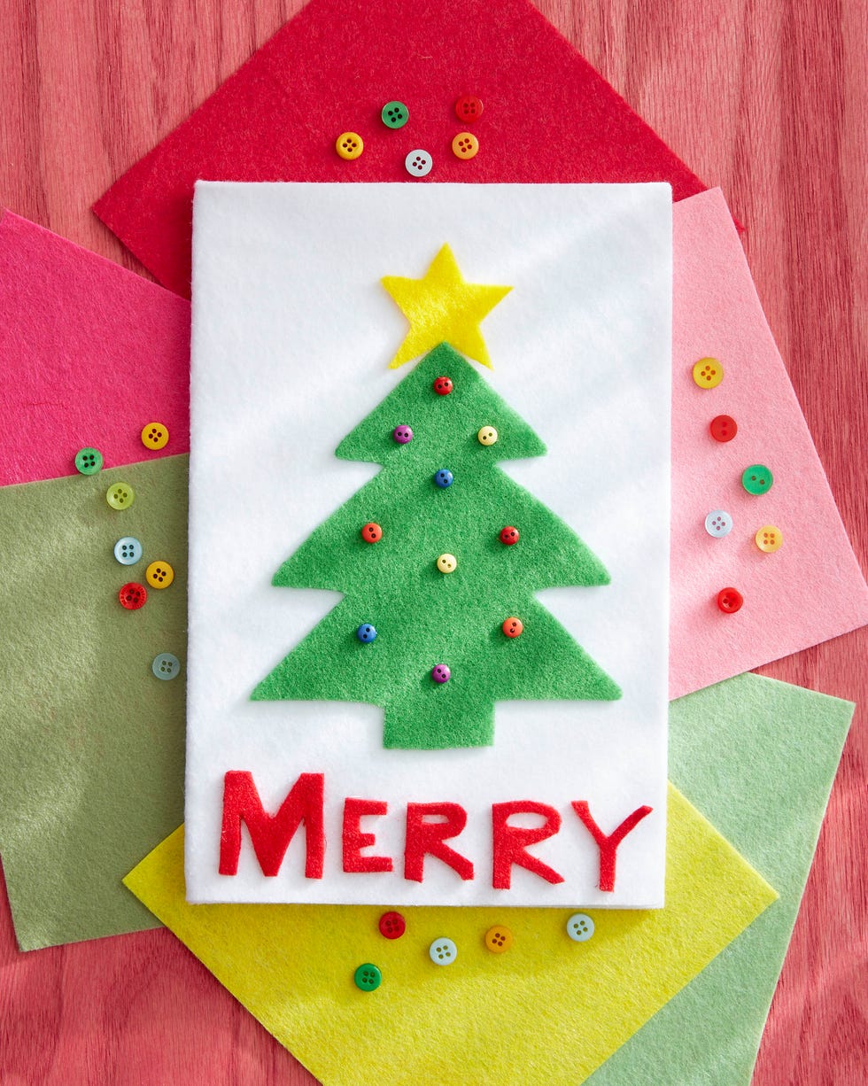 diy christmas card made from felt with a christmas tree and button ornaments