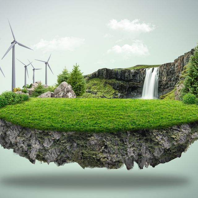 country road and green trees in summer 3d illustration of a piece of green land with wind turbine isolated, creative travel and tourism off road design solar energy advertising